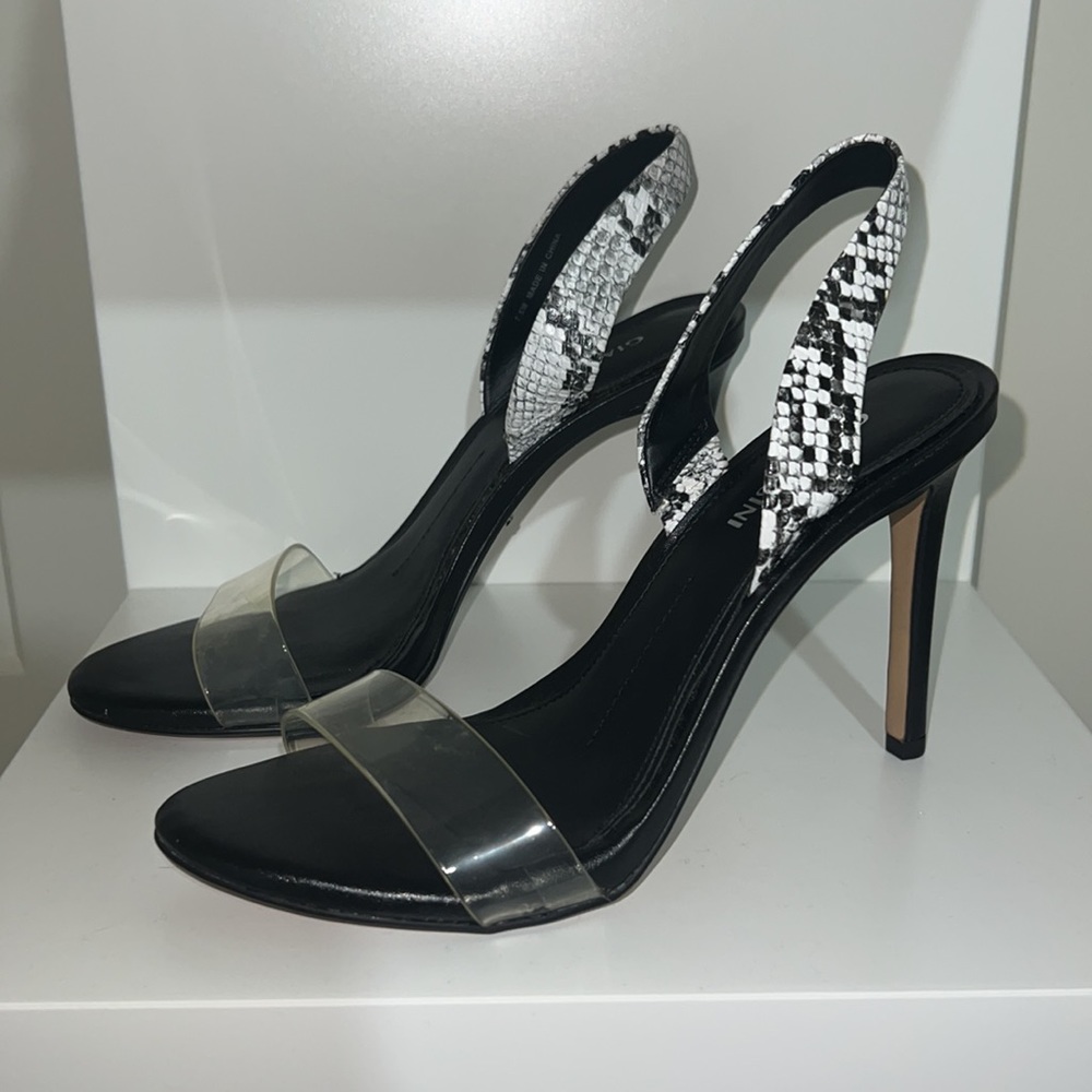 Gianni Bini Black Clear Strap Snake-Print Slingback Heel Sandal